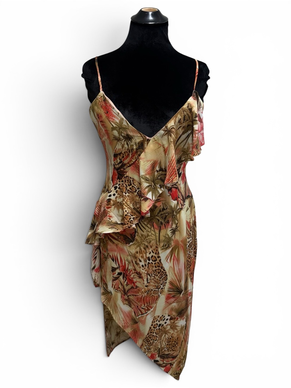 Y2K Inspired Venus Asymmetrical Ruffle Leopard Floral Print Midi Dres